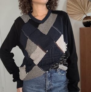DESIGUAL FUN PATCHWORK WOOL AND COTTON BLEND VNECK SWEATER